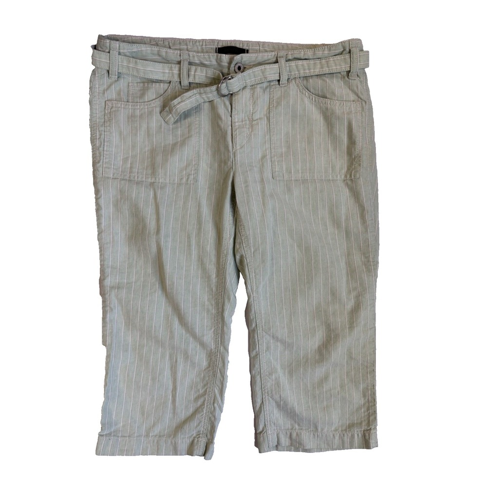 Express Women's 10 Green Linen Striped Capri Pants Coastal Summer Travel Resort‎